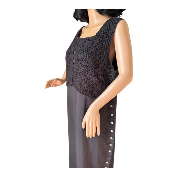 Vintage Cali Cali black Linen Crochet Sleeveless Maxi Dress button size 14 P - Picture 9 of 13